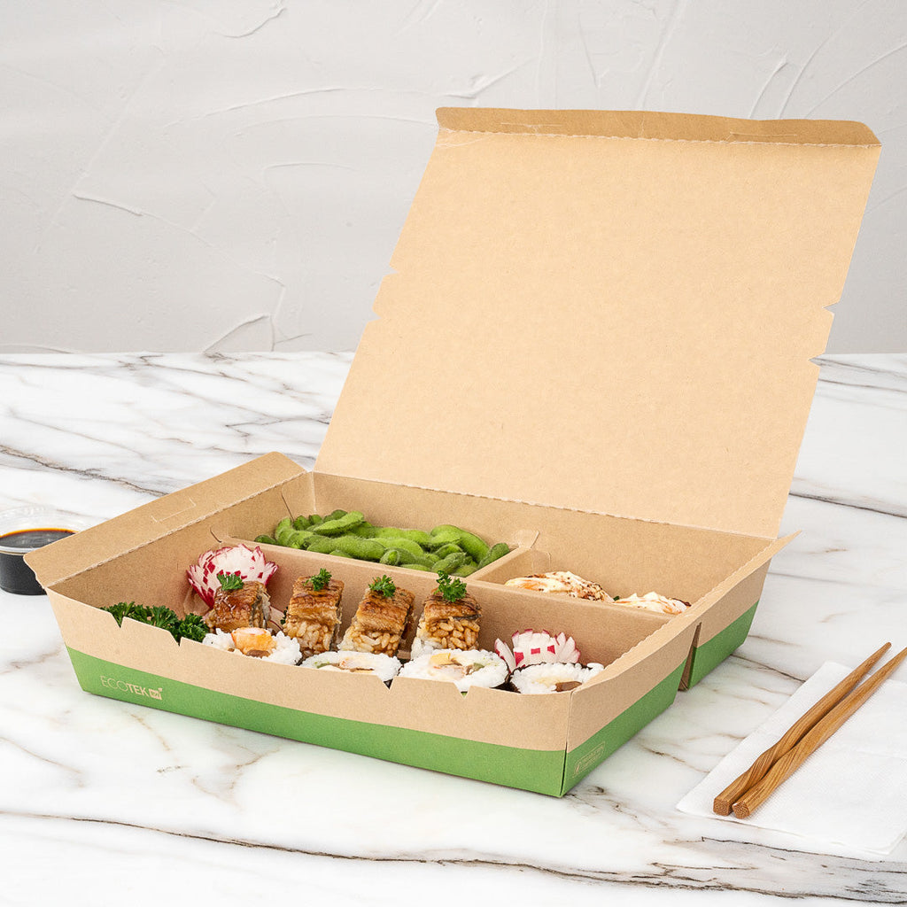 Eco Tek 78 oz Rectangle Kraft and Green Paper Bento Box - 3-Compartment, Compostable - 11" x 9" x 2" - 100 count box