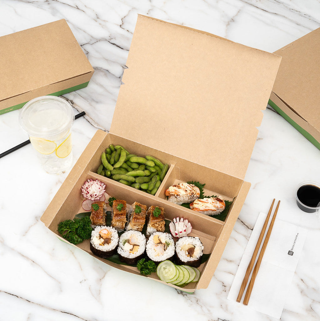 Eco Tek 78 oz Rectangle Kraft and Green Paper Bento Box - 3-Compartment, Compostable - 11" x 9" x 2" - 100 count box