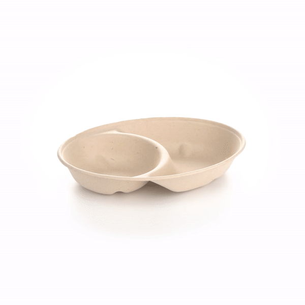 Pulp Tek 21 oz Oval Natural Sugarcane / Bagasse Catering Bowl - 2-Compartment - 9 1/4" x 6 1/2" x 1 1/2" - 100 count box