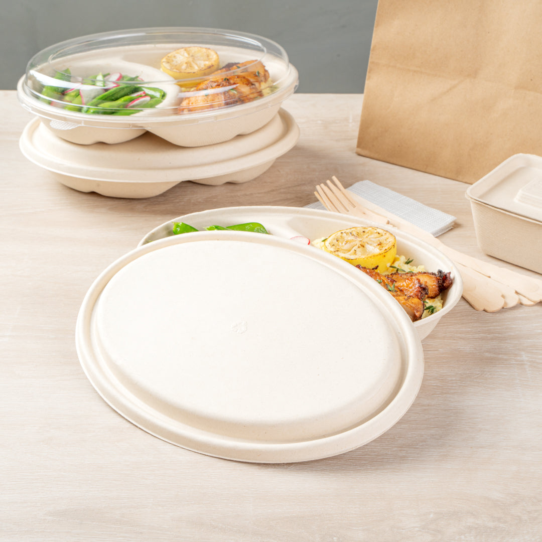 Pulp Tek Oval Natural Sugarcane / Bagasse Lid - Fits 2-Compartment Catering Bowl - 100 count box