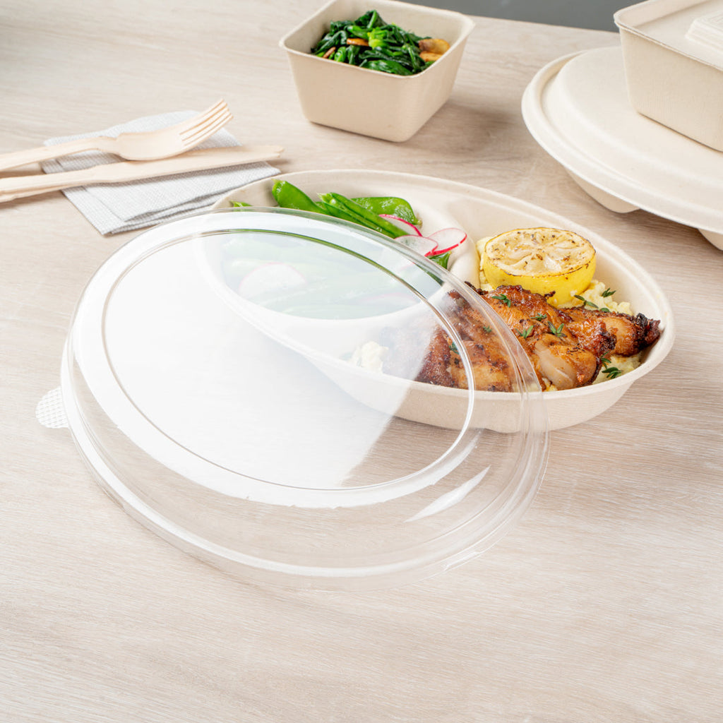 Pulp Tek Oval Clear Plastic Lid - Fits 2-Compartment Bagasse Catering Bowl - 100 count box