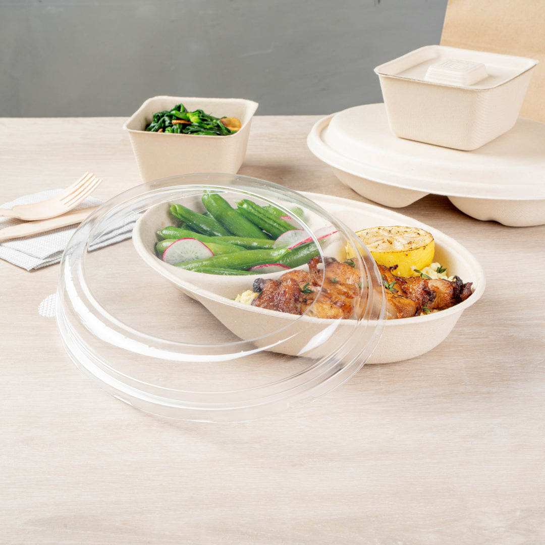 Pulp Tek Oval Clear Plastic Lid - Fits 2-Compartment Bagasse Catering Bowl - 100 count box