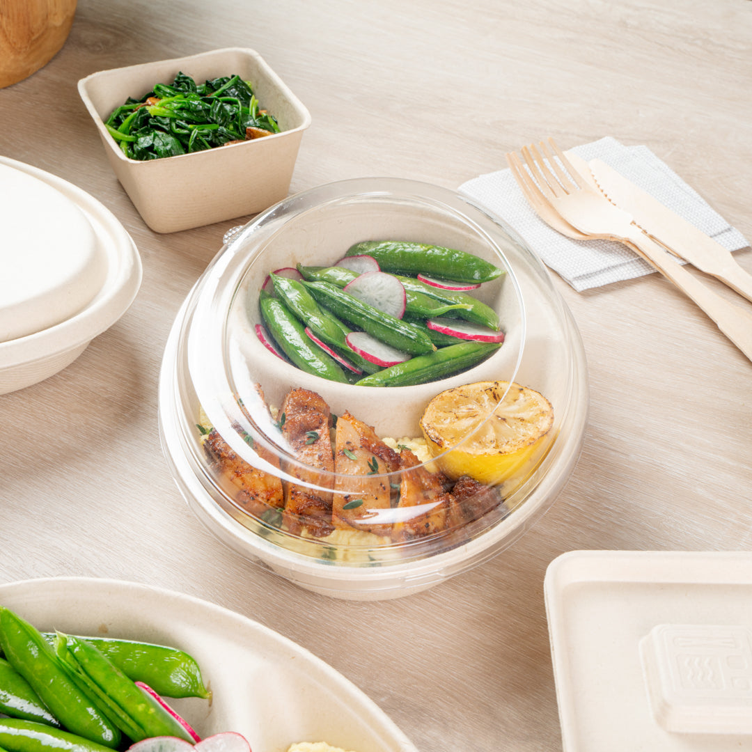Pulp Tek Oval Clear Plastic Lid - Fits 2-Compartment Bagasse Catering Bowl - 100 count box