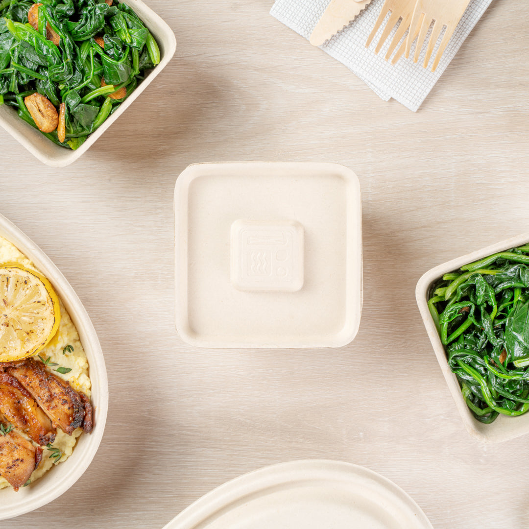 Pulp Tek Square Natural Sugarcane / Bagasse Flat Lid - Fits 9 oz Bowl - 100 count box