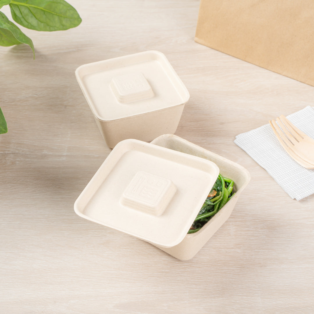 Pulp Tek Square Natural Sugarcane / Bagasse Flat Lid - Fits 9 oz Bowl - 100 count box