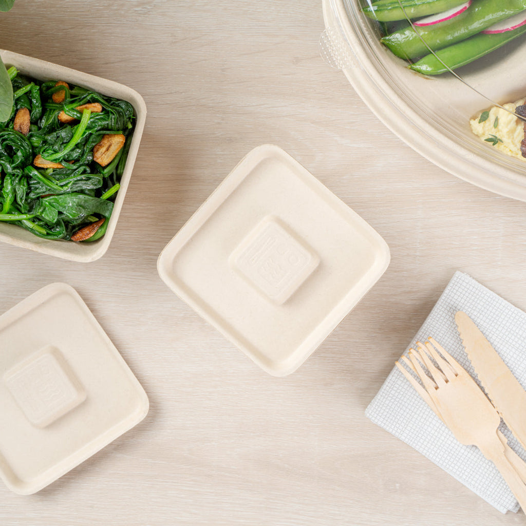 Pulp Tek Square Natural Sugarcane / Bagasse Flat Lid - Fits 9 oz Bowl - 100 count box