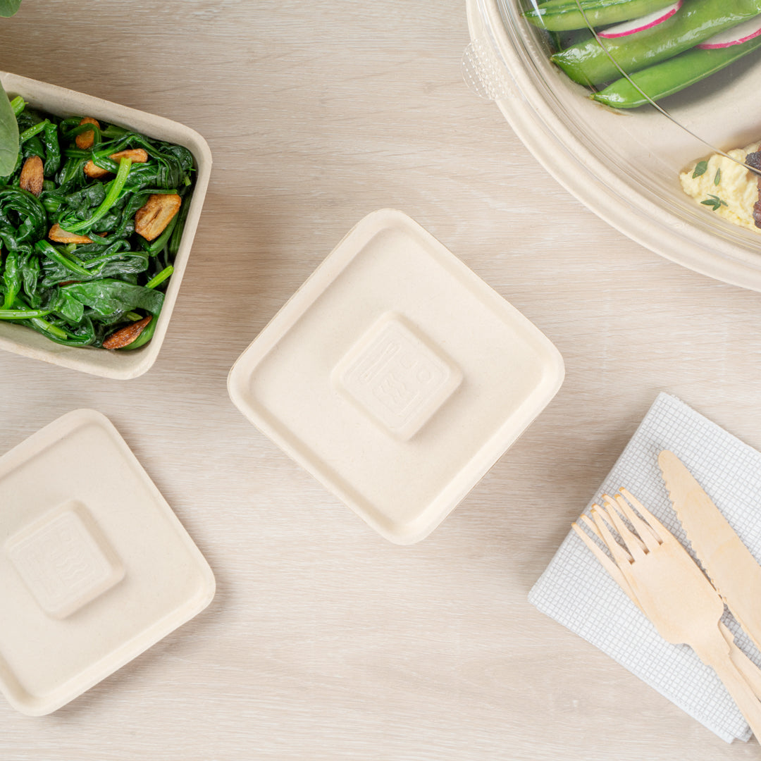 Pulp Tek Square Natural Sugarcane / Bagasse Flat Lid - Fits 9 oz Bowl - 100 count box