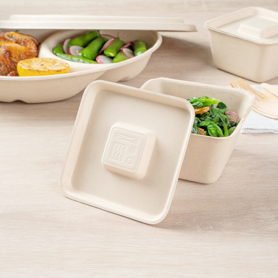 Pulp Tek Square Natural Sugarcane / Bagasse Flat Lid - Fits 9 oz Bowl - 100 count box