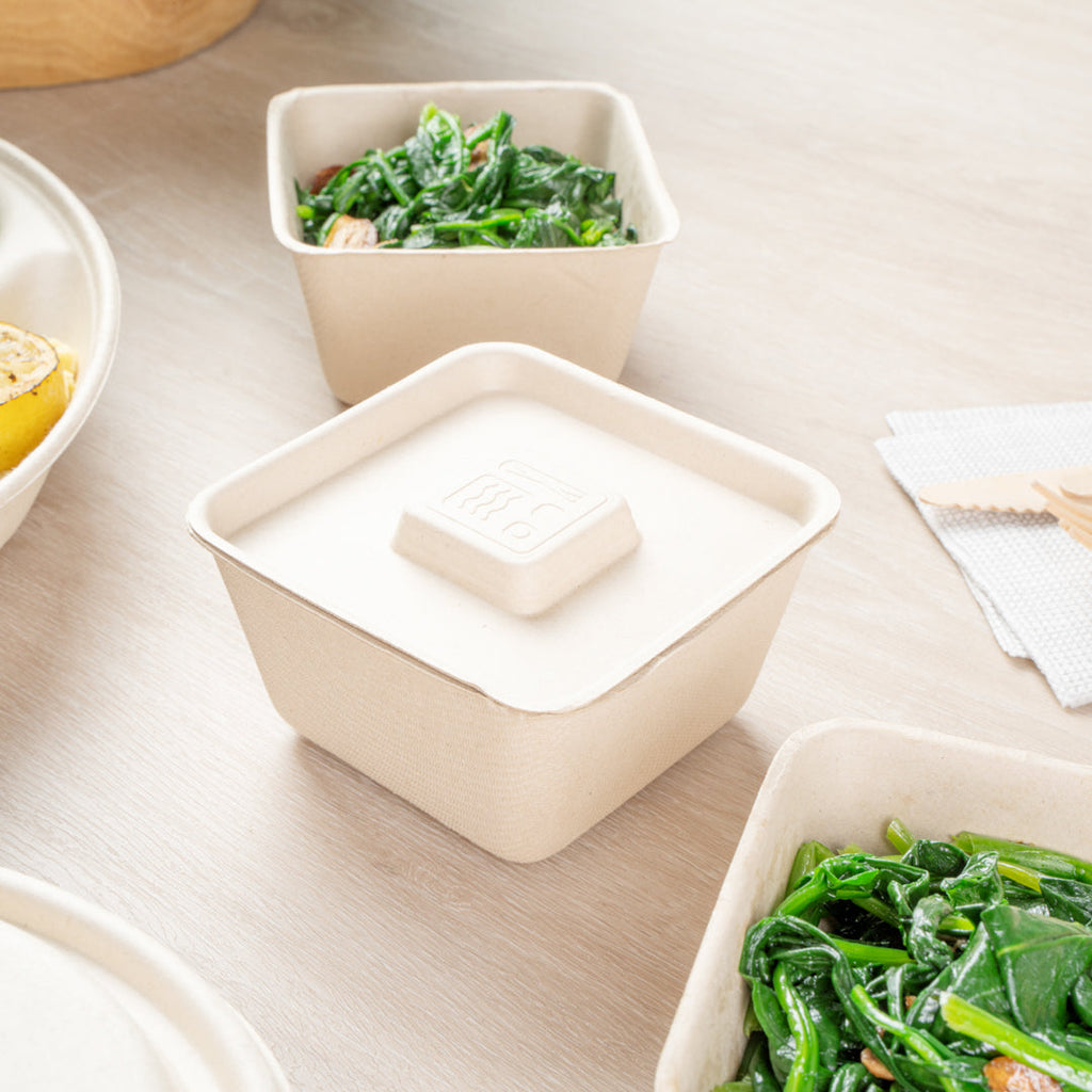 Pulp Tek Square Natural Sugarcane / Bagasse Flat Lid - Fits 9 oz Bowl - 100 count box