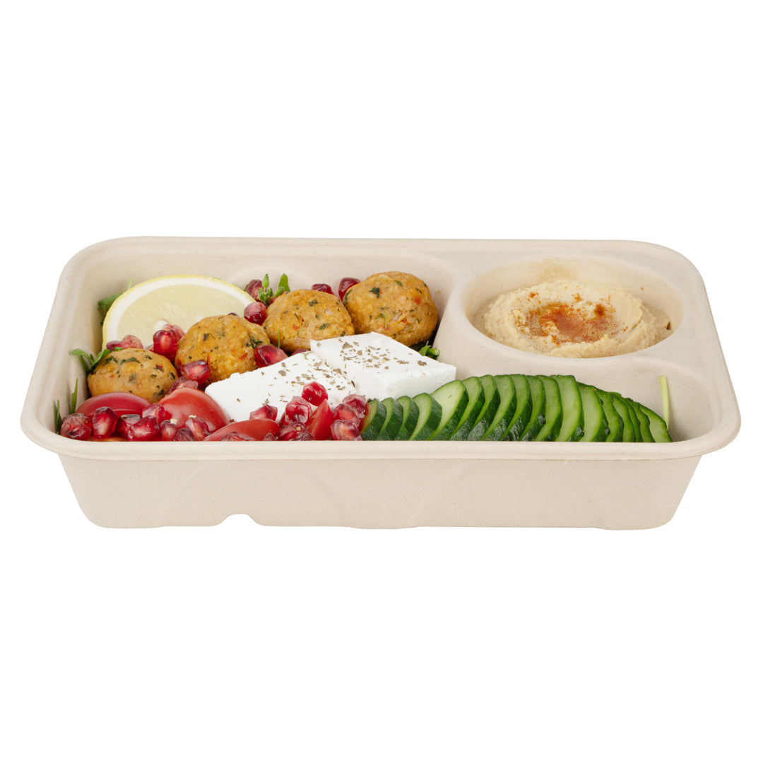 Pulp Tek 34 oz Rectangle Natural Sugarcane / Bagasse To Go Container - 2-Compartment - 9 1/2" x 6 1/4" x 1 3/4" - 100 count box