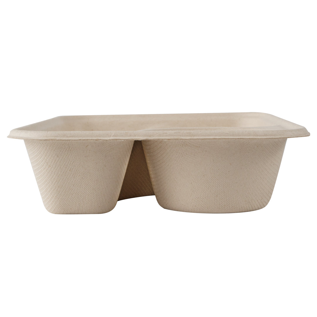 Pulp Tek 34 oz Rectangle Natural Sugarcane / Bagasse To Go Container - 2-Compartment - 9 1/2" x 6 1/4" x 1 3/4" - 100 count box