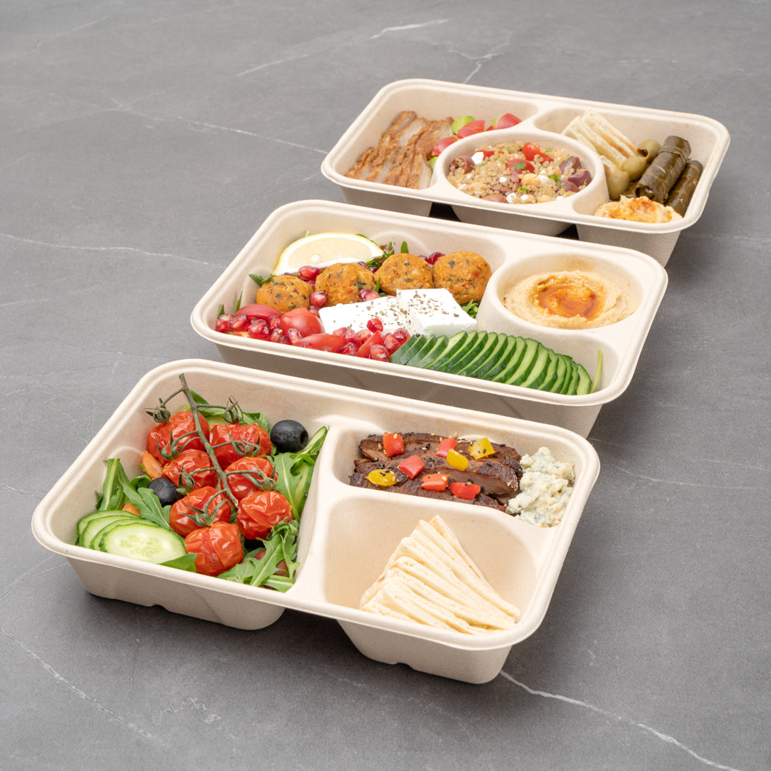 Pulp Tek 34 oz Rectangle Natural Sugarcane / Bagasse To Go Container - 2-Compartment - 9 1/2" x 6 1/4" x 1 3/4" - 100 count box