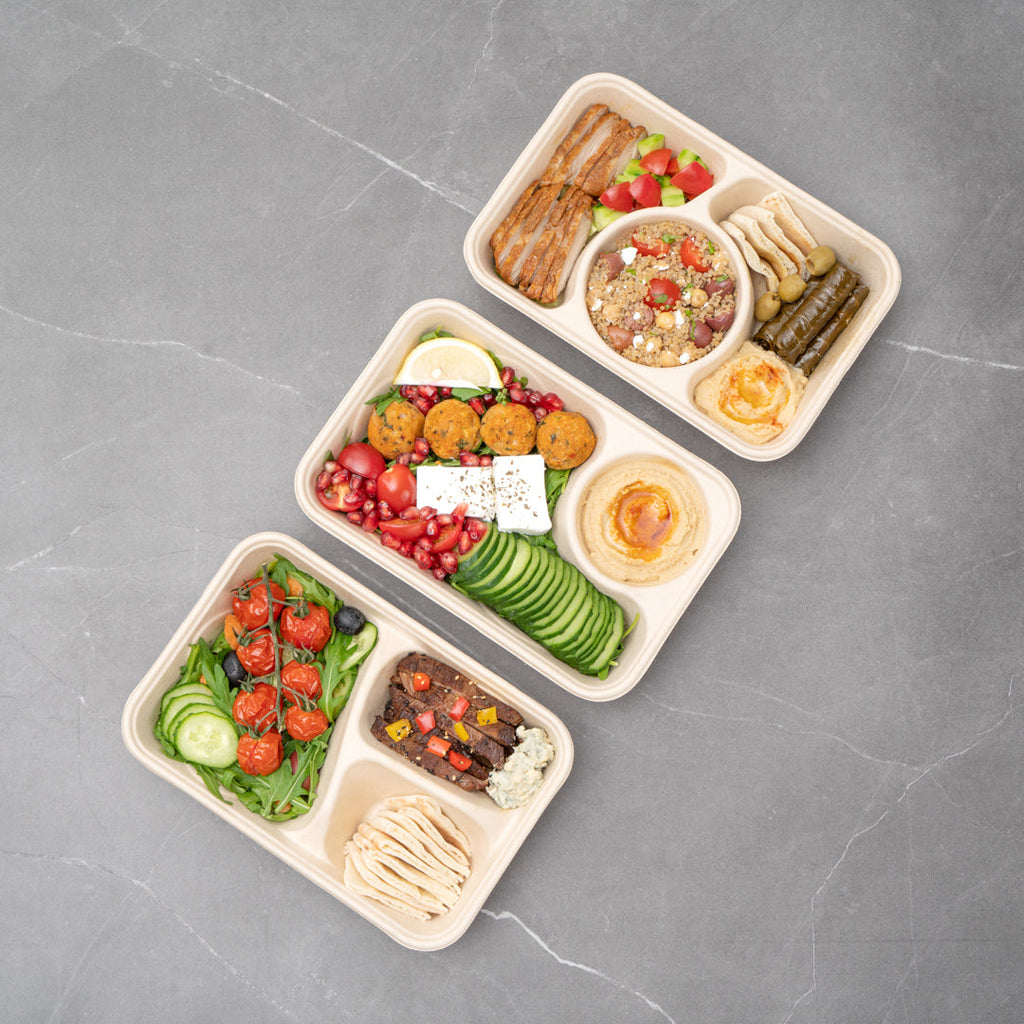 Pulp Tek 34 oz Rectangle Natural Sugarcane / Bagasse To Go Container - 2-Compartment - 9 1/2" x 6 1/4" x 1 3/4" - 100 count box