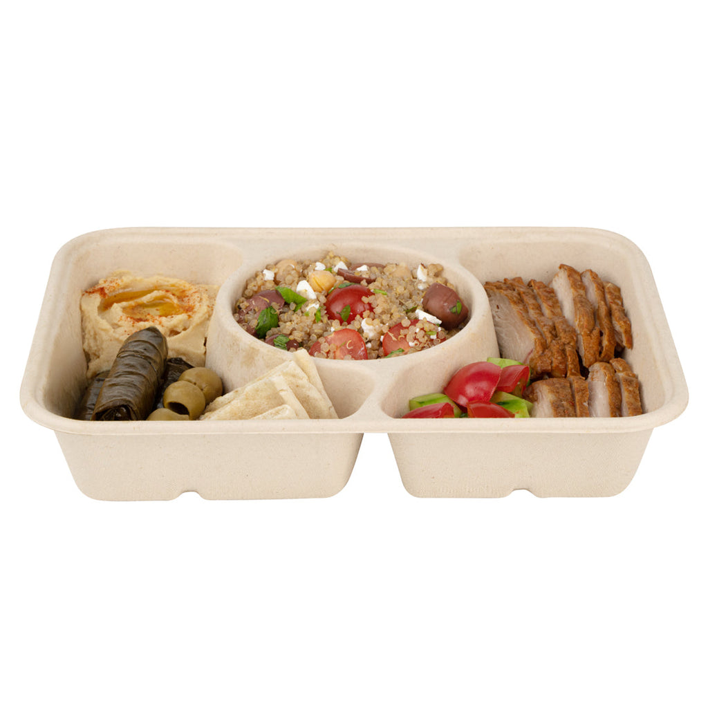 Pulp Tek 31 oz Rectangle Natural Sugarcane / Bagasse To Go Container - 3-Compartment - 9 1/2" x 6 1/4" x 1 3/4" - 100 count box