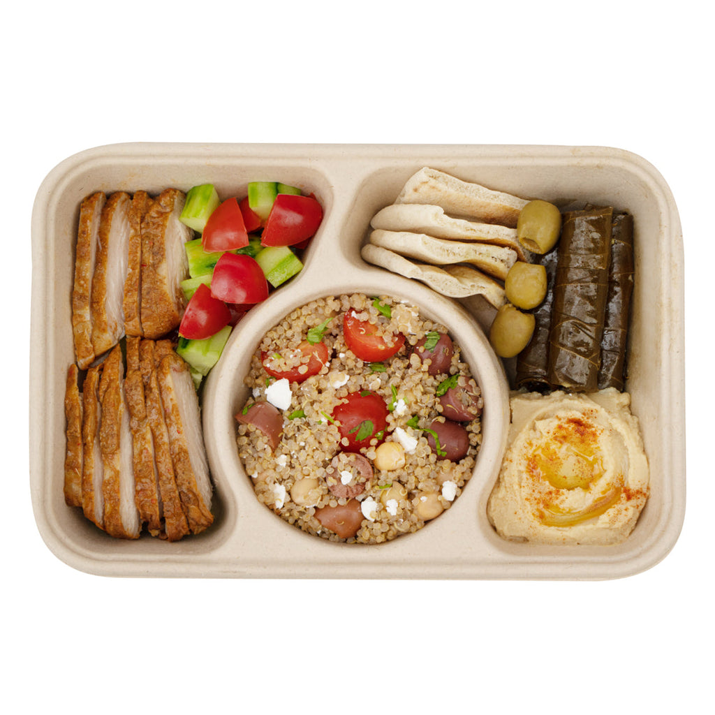 Pulp Tek 31 oz Rectangle Natural Sugarcane / Bagasse To Go Container - 3-Compartment - 9 1/2" x 6 1/4" x 1 3/4" - 100 count box