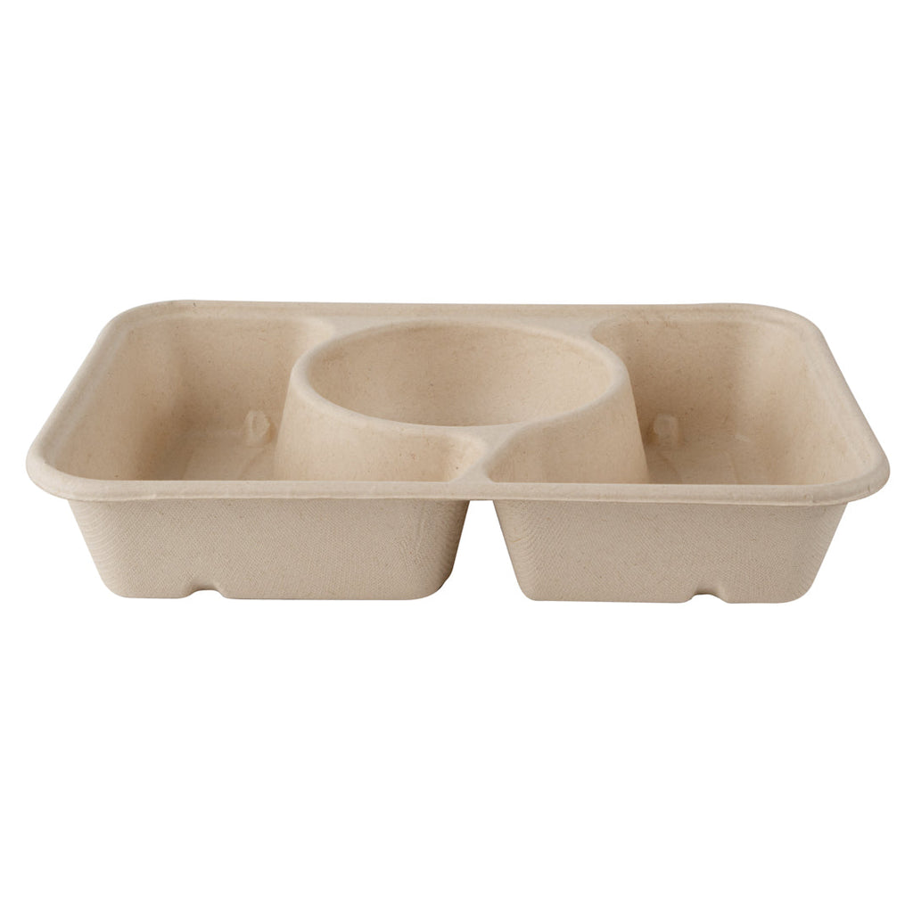 Pulp Tek 31 oz Rectangle Natural Sugarcane / Bagasse To Go Container - 3-Compartment - 9 1/2" x 6 1/4" x 1 3/4" - 100 count box