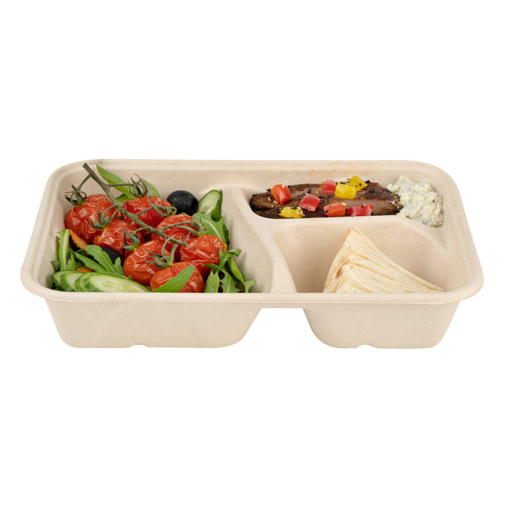 Pulp Tek 30 oz Rectangle Natural Sugarcane / Bagasse To Go Container - 3-Compartment - 9 1/2" x 6 1/4" x 1 3/4" - 100 count box