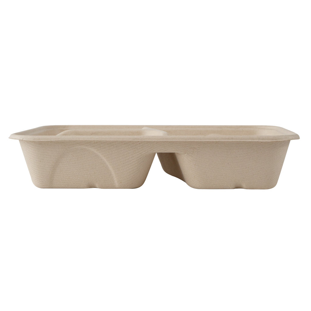 Pulp Tek 30 oz Rectangle Natural Sugarcane / Bagasse To Go Container - 3-Compartment - 9 1/2" x 6 1/4" x 1 3/4" - 100 count box