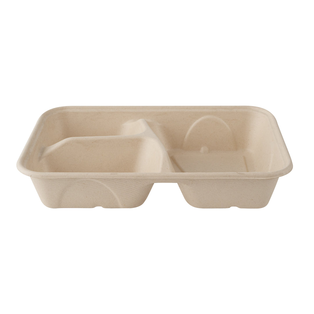 Pulp Tek 30 oz Rectangle Natural Sugarcane / Bagasse To Go Container - 3-Compartment - 9 1/2" x 6 1/4" x 1 3/4" - 100 count box
