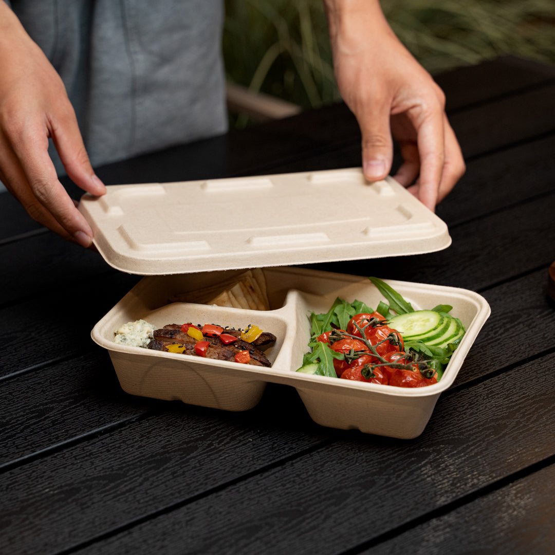 Pulp Tek Rectangle Natural Sugarcane / Bagasse Flat Lid - Fits To Go Container - 100 count box
