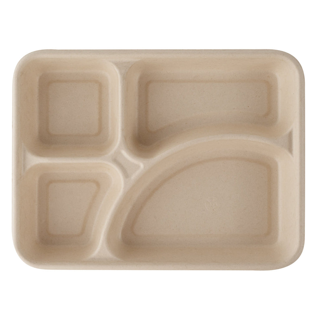 Pulp Tek 43 oz Rectangle Natural Sugarcane / Bagasse To Go Tray - 4-Compartment - 11" x 8 1/2" x 1 1/2" - 100 count box