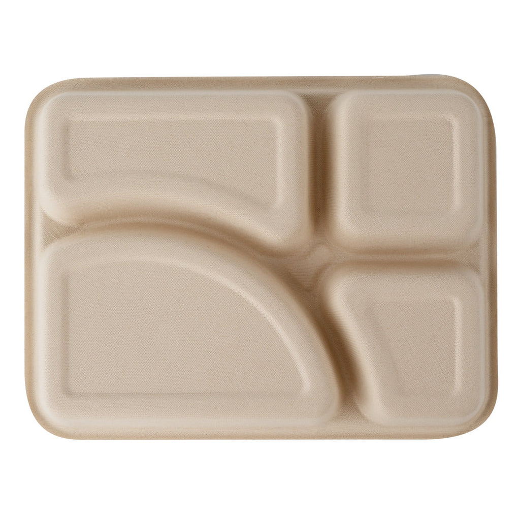 Pulp Tek 43 oz Rectangle Natural Sugarcane / Bagasse To Go Tray - 4-Compartment - 11" x 8 1/2" x 1 1/2" - 100 count box