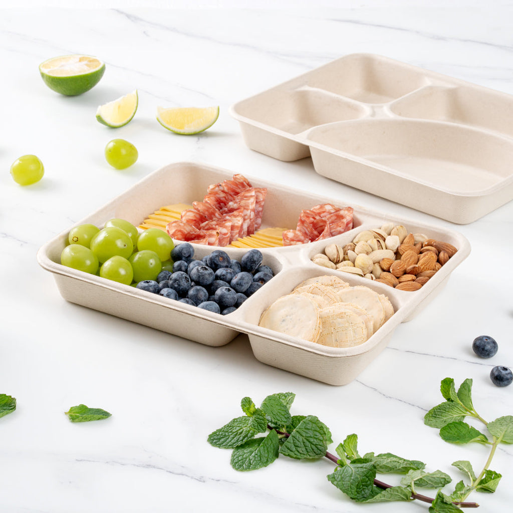 Pulp Tek 43 oz Rectangle Natural Sugarcane / Bagasse To Go Tray - 4-Compartment - 11" x 8 1/2" x 1 1/2" - 100 count box