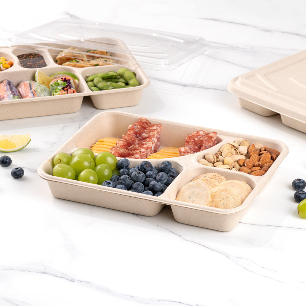 Pulp Tek 43 oz Rectangle Natural Sugarcane / Bagasse To Go Tray - 4-Compartment - 11" x 8 1/2" x 1 1/2" - 100 count box