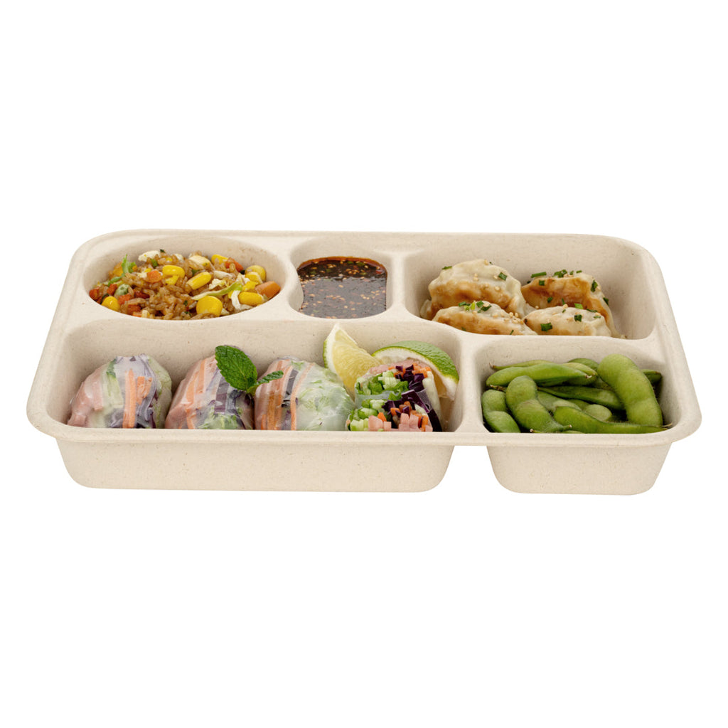 Pulp Tek 43 oz Rectangle Natural Bagasse To Go Tray - 5-Compartment - 11" x 8 1/2" x 1 1/2" - 100 count box
