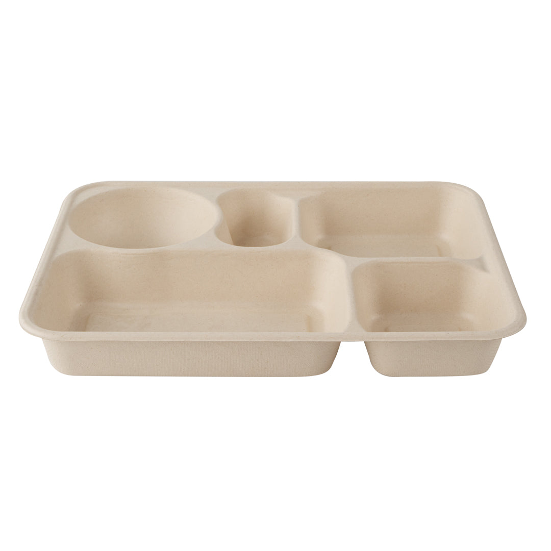 Pulp Tek 43 oz Rectangle Natural Bagasse To Go Tray - 5-Compartment - 11" x 8 1/2" x 1 1/2" - 100 count box
