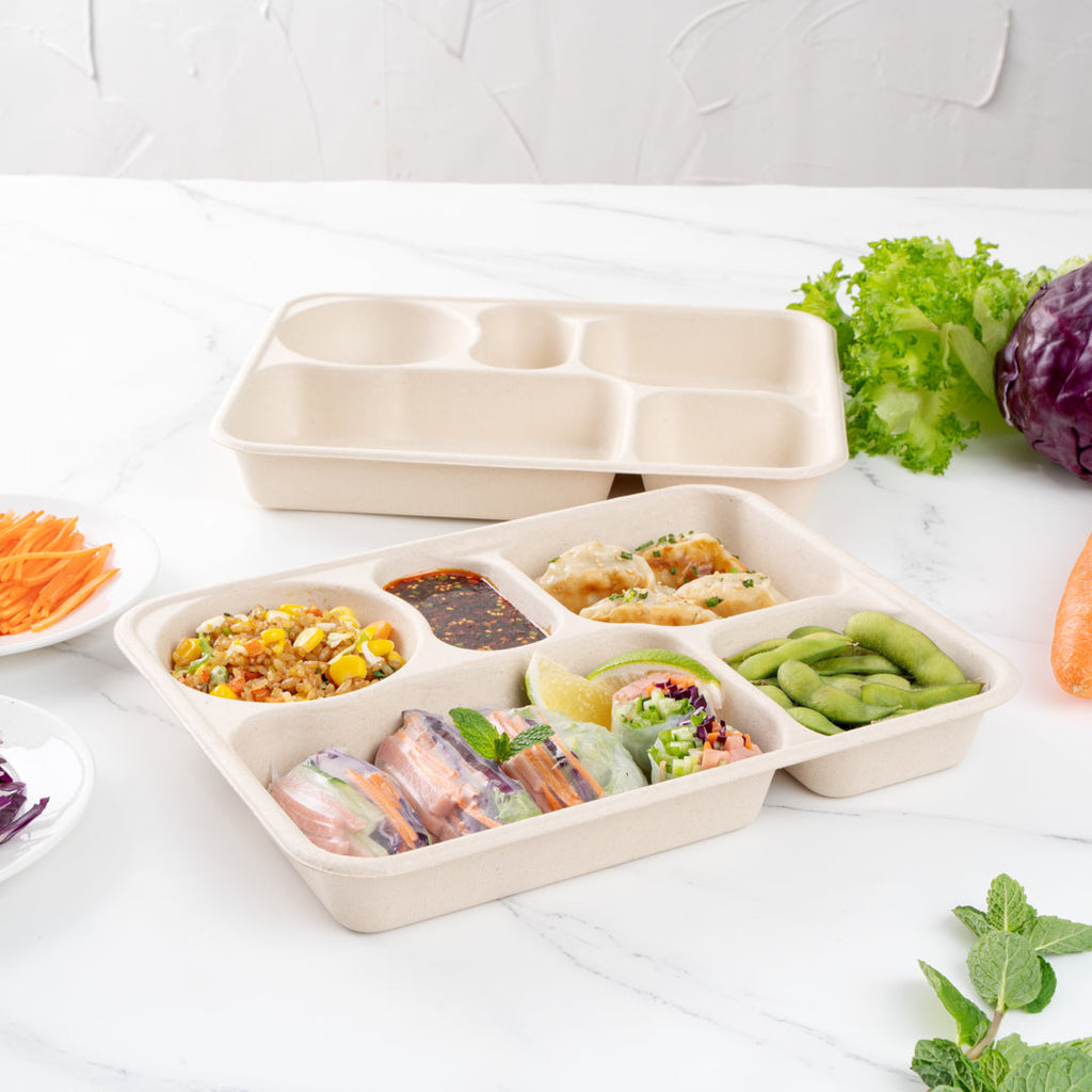 Pulp Tek 43 oz Rectangle Natural Bagasse To Go Tray - 5-Compartment - 11" x 8 1/2" x 1 1/2" - 100 count box
