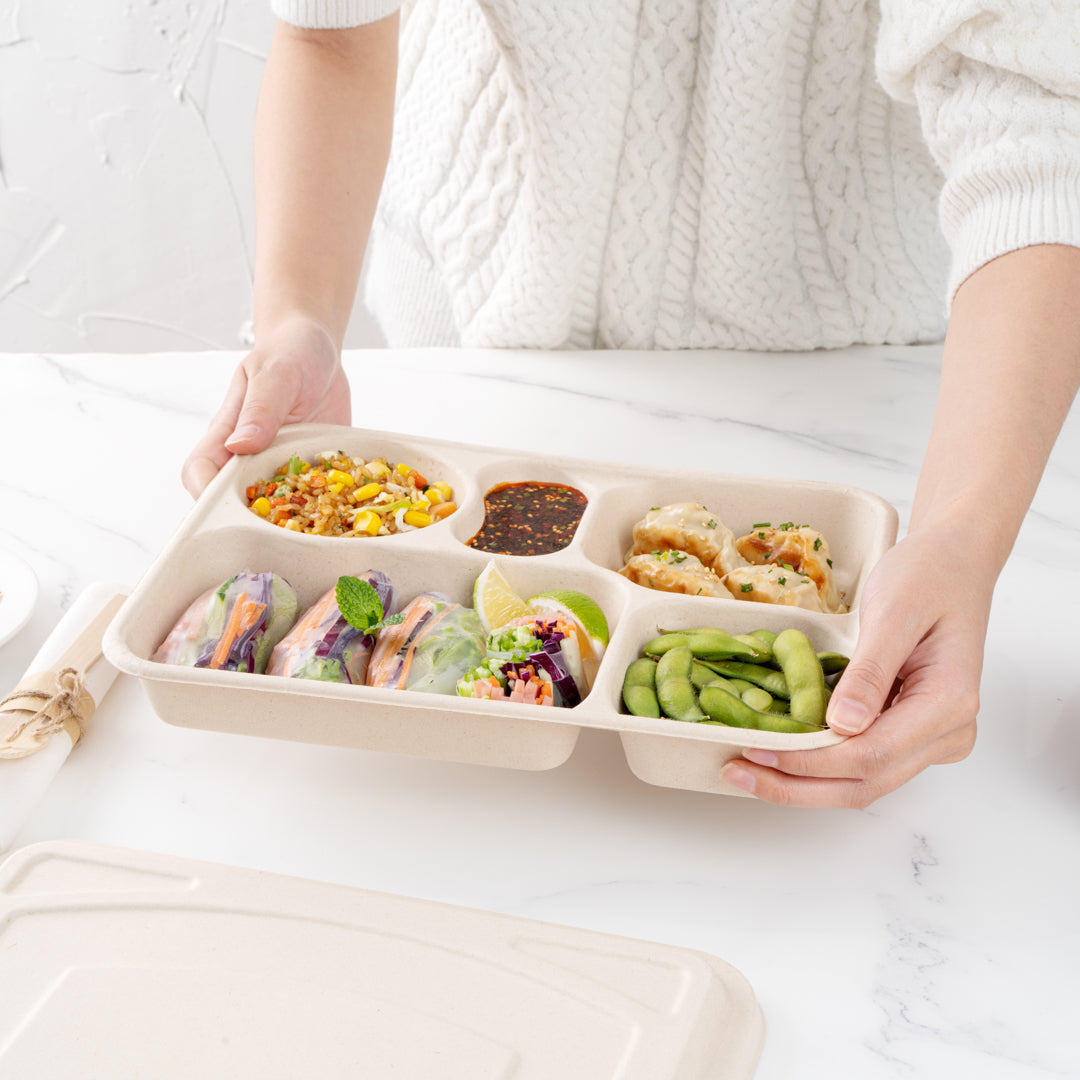 Pulp Tek 43 oz Rectangle Natural Bagasse To Go Tray - 5-Compartment - 11" x 8 1/2" x 1 1/2" - 100 count box