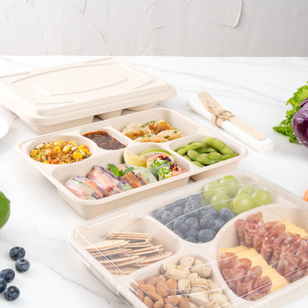 Pulp Tek 43 oz Rectangle Natural Bagasse To Go Tray - 5-Compartment - 11" x 8 1/2" x 1 1/2" - 100 count box