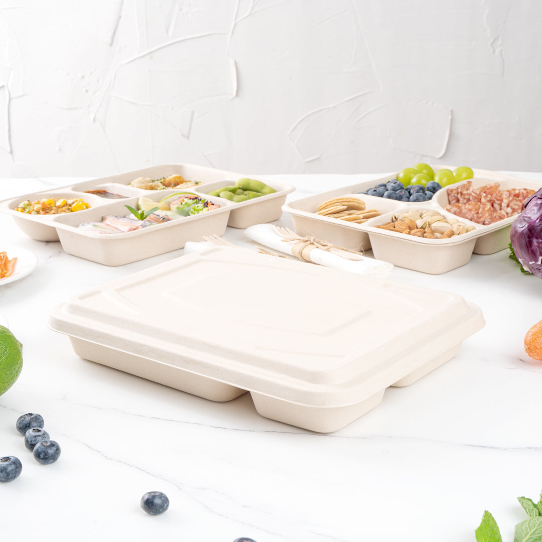 Pulp Tek Rectangle Natural Bagasse Flat Lid - Fits To Go Trays - 100 count box