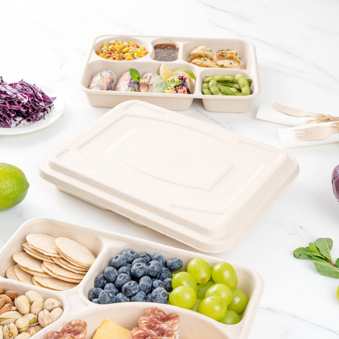 Pulp Tek Rectangle Natural Bagasse Flat Lid - Fits To Go Trays - 100 count box