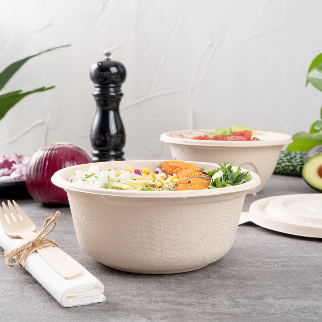 Pulp Tek 37 oz Round Natural Sugarcane / Bagasse To Go Bowl - 7" x 7" x 3" - 100 count box