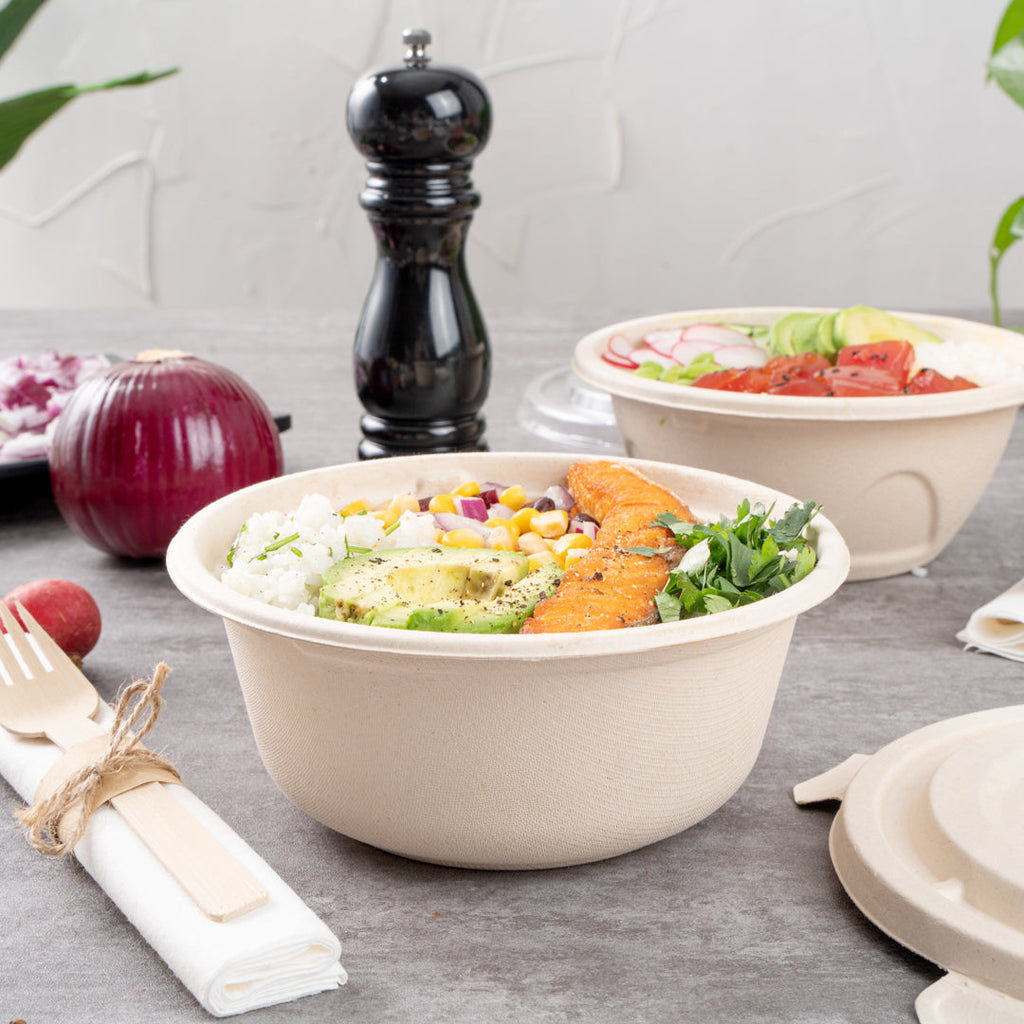 Pulp Tek 37 oz Round Natural Sugarcane / Bagasse To Go Bowl - 7" x 7" x 3" - 100 count box