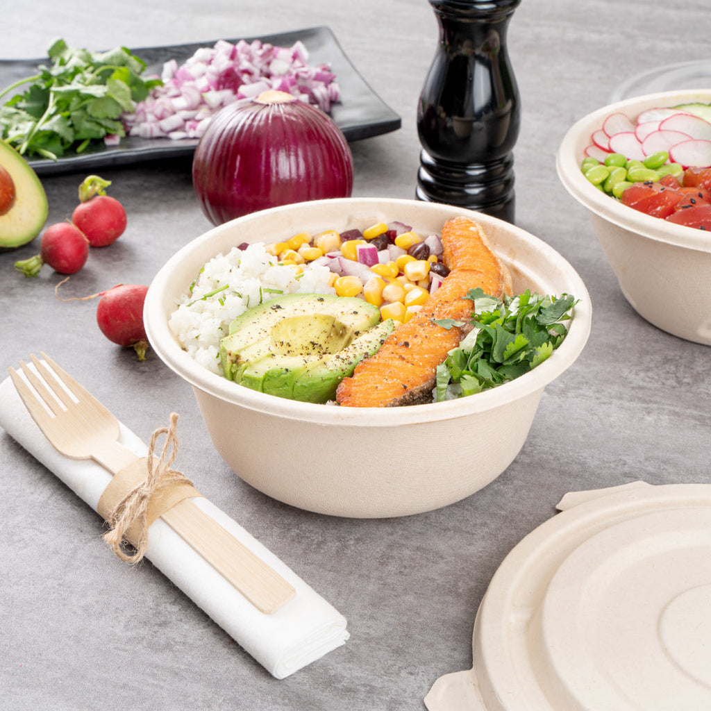 Pulp Tek 37 oz Round Natural Sugarcane / Bagasse To Go Bowl - 7" x 7" x 3" - 100 count box