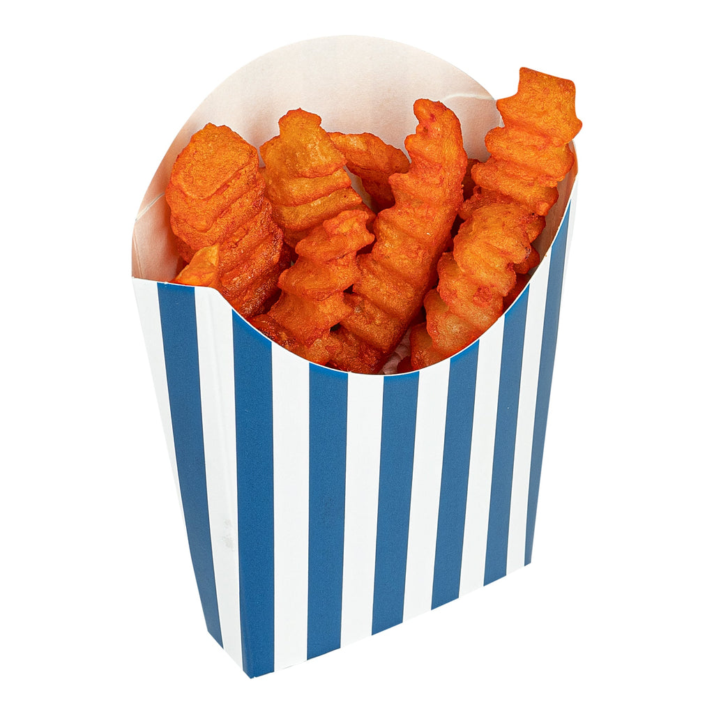 Bio Tek 2 oz Blue and White Stripe Paper Fry Cup / Snack Container - 4" x 2 3/4" x 3 1/2" - 100 count box