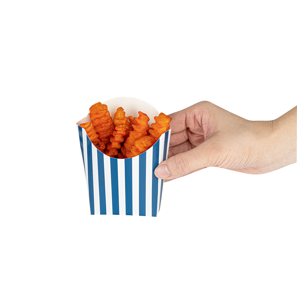 Bio Tek 2 oz Blue and White Stripe Paper Fry Cup / Snack Container - 4" x 2 3/4" x 3 1/2" - 100 count box