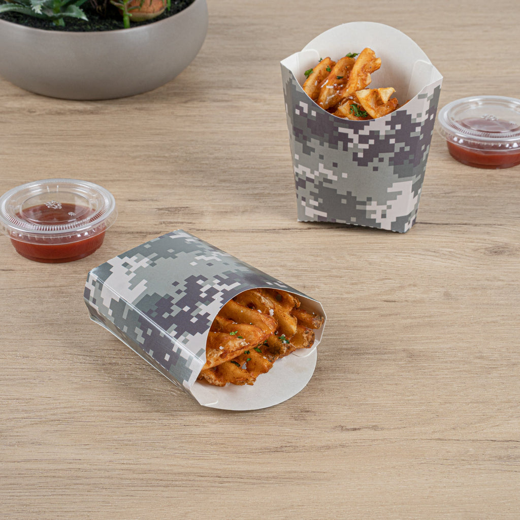 Bio Tek 2 oz Camouflage Paper Fry Cup / Snack Container - 4" x 2 3/4" x 3 1/2" - 100 count box
