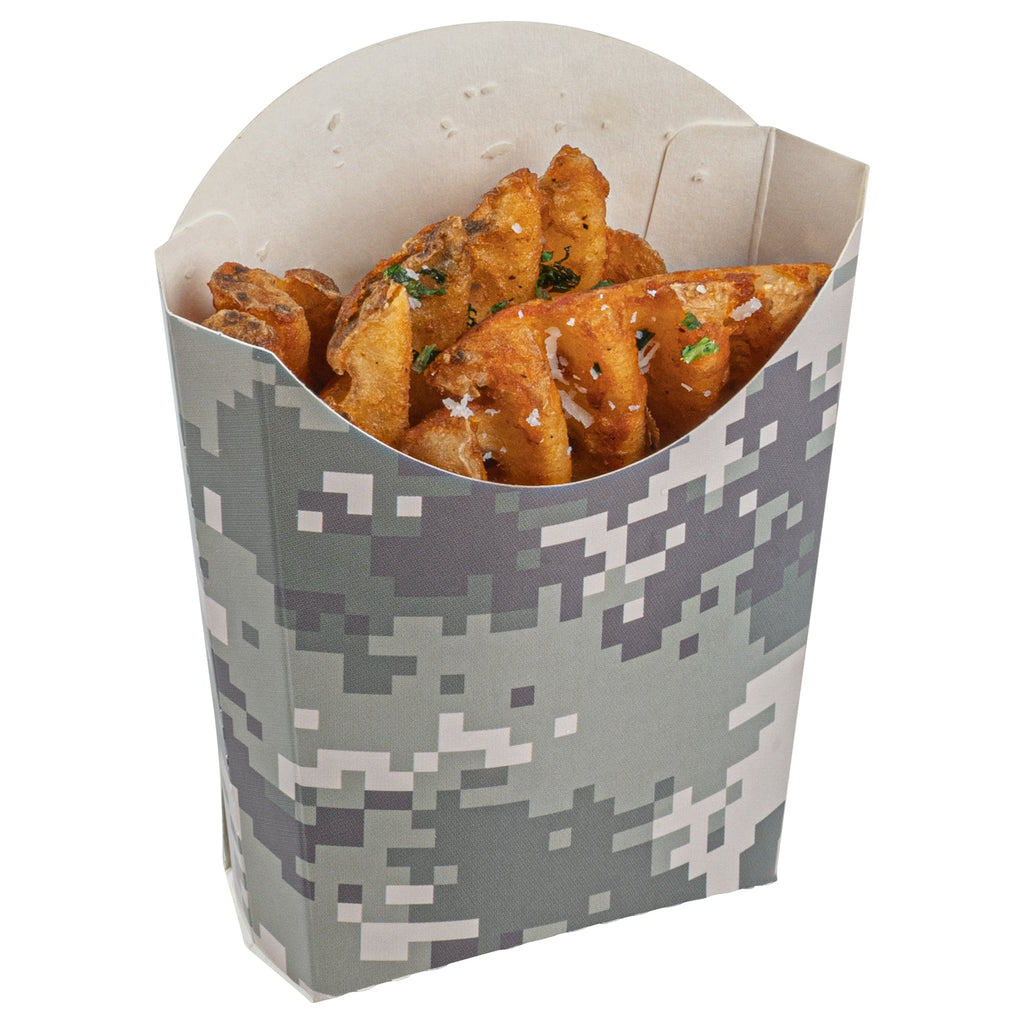 Bio Tek 2 oz Camouflage Paper Fry Cup / Snack Container - 4" x 2 3/4" x 3 1/2" - 100 count box