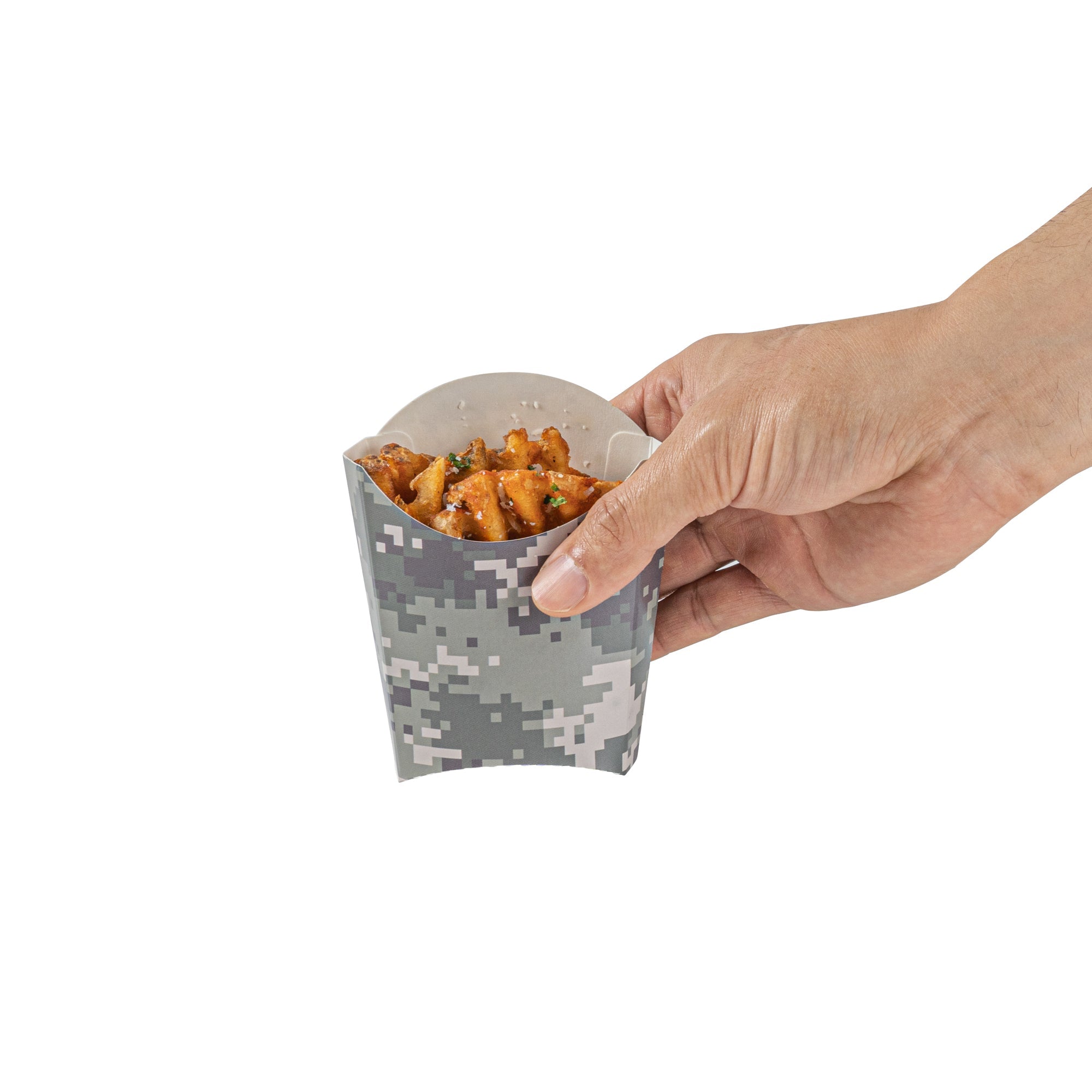 Bio Tek 2 oz Camouflage Paper Fry Cup / Snack Container - 4" x 2 3/4" x 3 1/2" - 100 count box