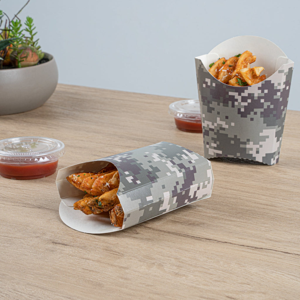 Bio Tek 2 oz Camouflage Paper Fry Cup / Snack Container - 4" x 2 3/4" x 3 1/2" - 100 count box