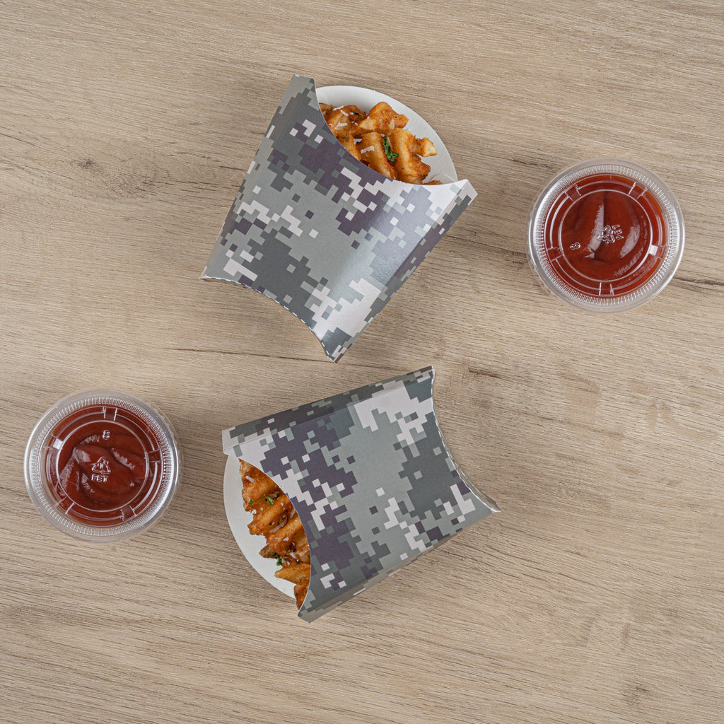 Bio Tek 2 oz Camouflage Paper Fry Cup / Snack Container - 4" x 2 3/4" x 3 1/2" - 100 count box