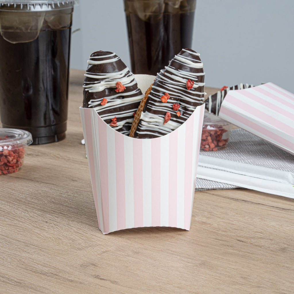 Bio Tek 2 oz Pink and White Stripe Paper Fry Cup / Snack Container - 4" x 2 3/4" x 3 1/2" - 100 count box