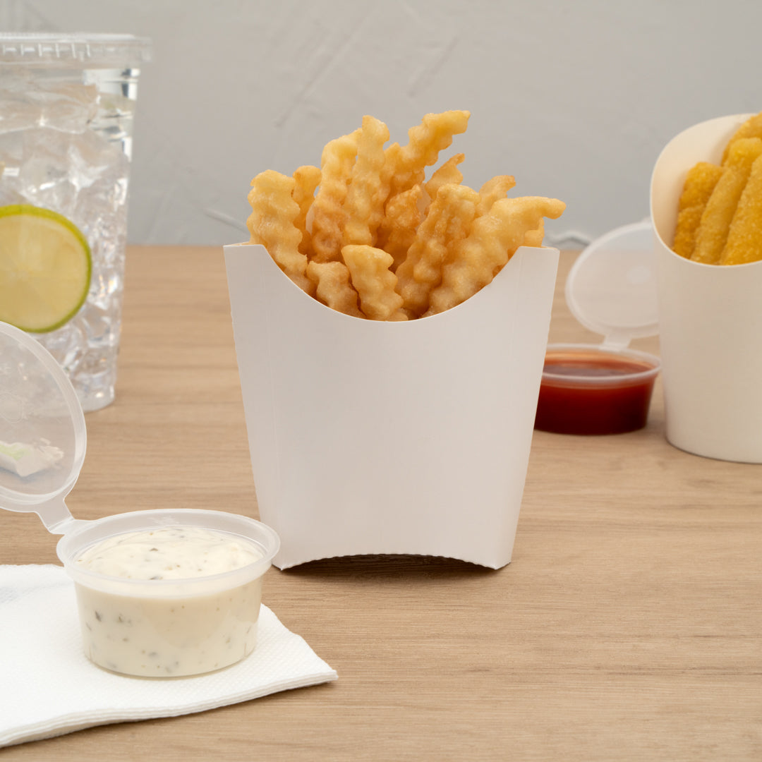 Bio Tek 2 oz White Paper Fry Cup / Snack Container - 4" x 2 3/4" x 3 1/2" - 100 count box