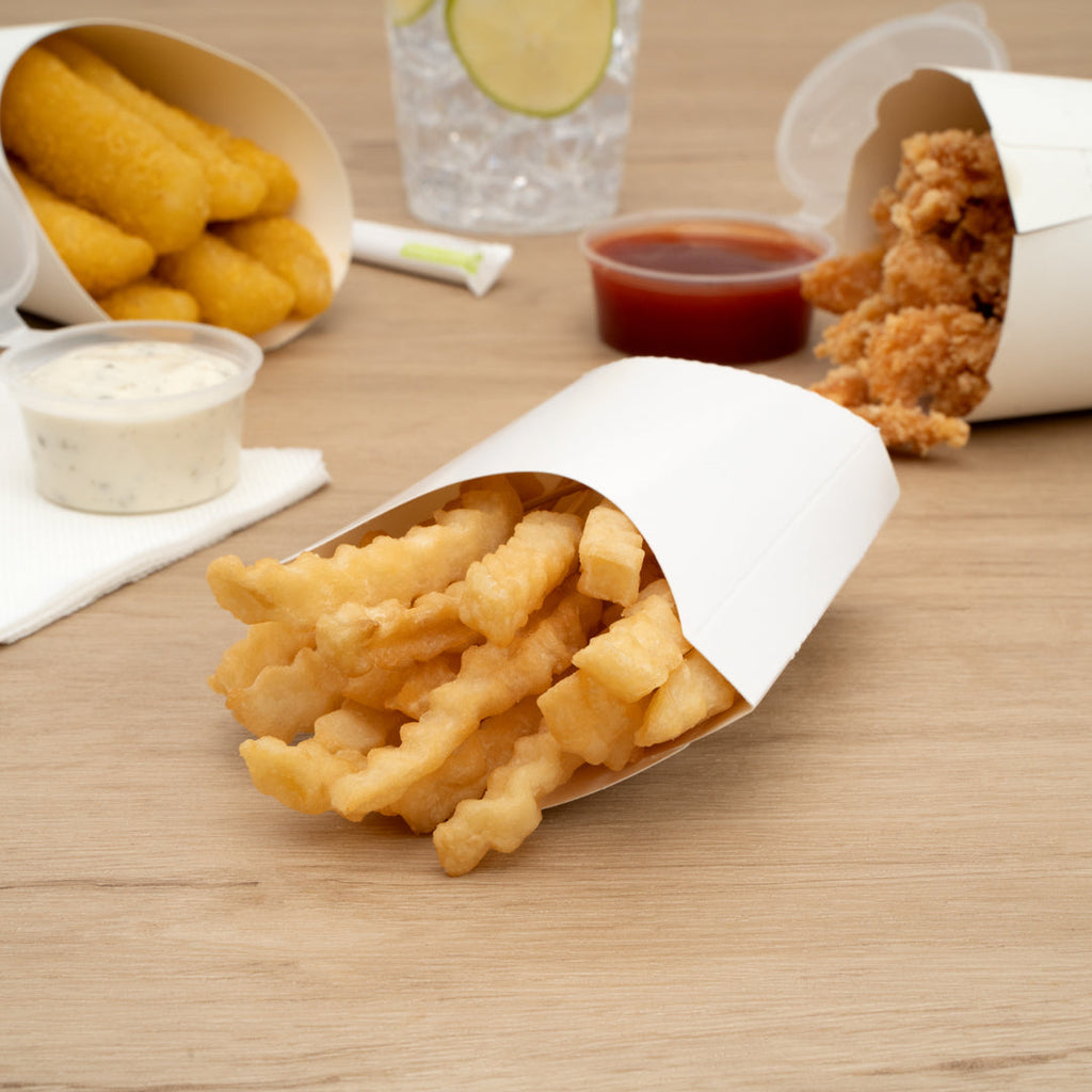 Bio Tek 2 oz White Paper Fry Cup / Snack Container - 4" x 2 3/4" x 3 1/2" - 100 count box