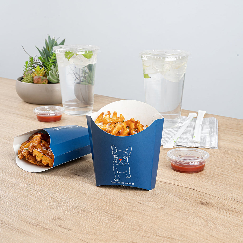 Bio Tek 3 oz Frenchie Paper Fry Cup / Snack Container - 4 1/2" x 3 1/4" x 3 3/4" - 100 count box
