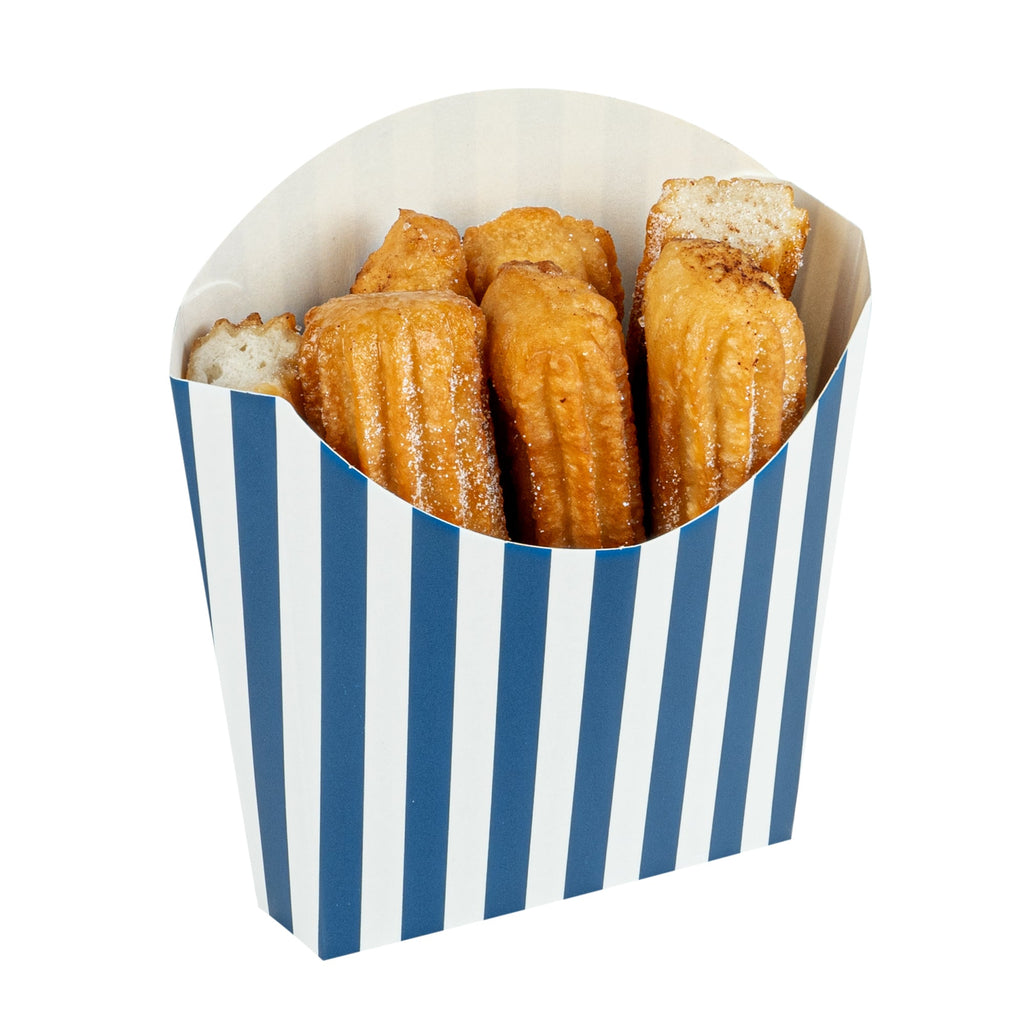 Bio Tek 3 oz Blue and White Stripe Paper Fry Cup / Snack Container - 4 1/2" x 3 1/4" x 3 3/4" - 100 count box